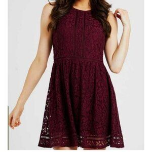 Altard' State Womens Burgundy Lace Fit & Flare Dress Circle Neck Size Sm Formal